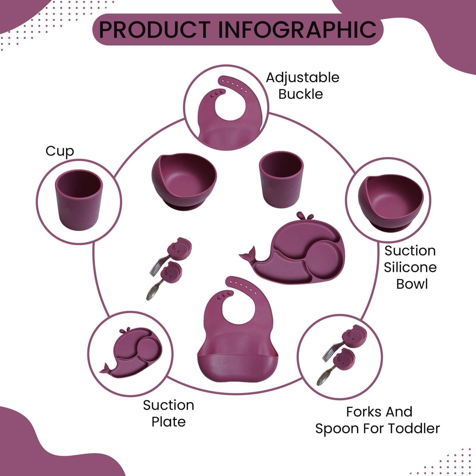 Silicone Baby Feeding Set 7 PCS Suction Bowl Plate Bib Cup Utensils 6 Months+