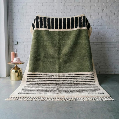Olive Green Moroccan Rug - Geometric Striped Berber Carpet - Handmade Area Rug