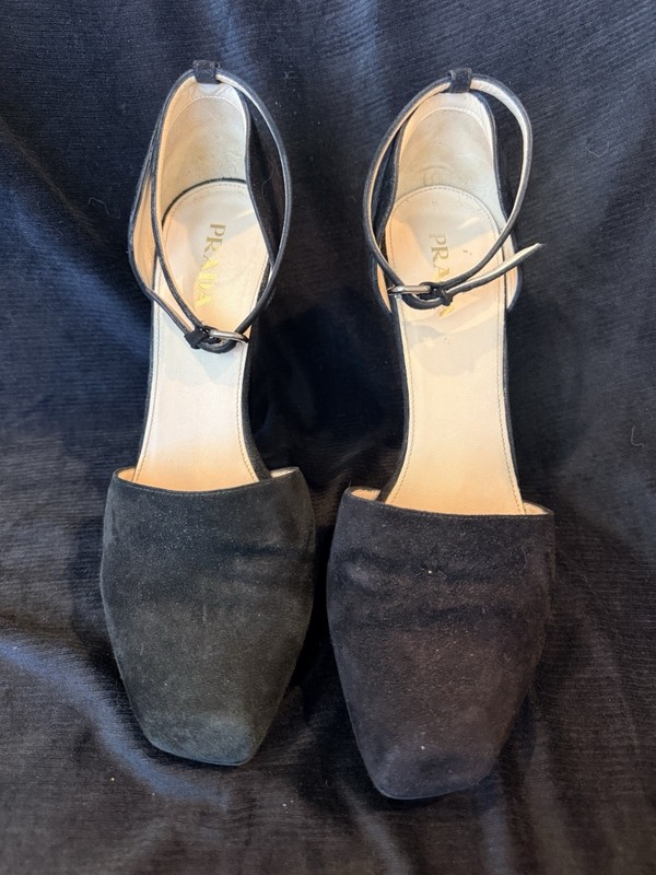 Vintage Prada Black Suede Shoes Ankle Strap Chunky Tulip Heel Size 10