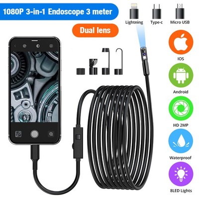 3M Flexible Dual Lens Endoscope 8LED 1080P HD Inspection Camera For iOS Android