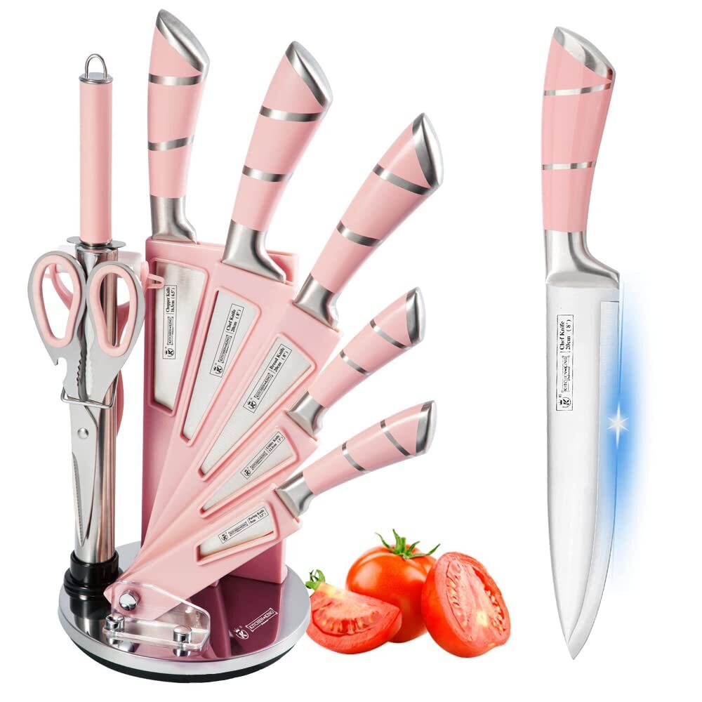Knife Set 9-Piece Pink Professional Kitchen Knife Set for Chef Super Sharp Kn...-image