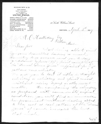 Nicholas Rath & Co. S. Williams St NYC 1889 ALS Letterhead Halliday* re: Whiskey
