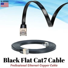 Flat Cat7 Ethernet Patch Black Cable 6 10 20 25 30 50 75 100 FT U/FTP LAN Lot