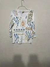 Jess & Jane Art To Wear Tribal Abstract Waikiki Print 3/4 Sleeve Top