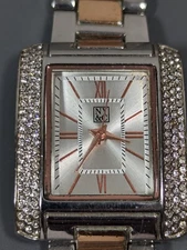 NYC Silver Tone Dial Crystal Accent Rectangle Case Link Band Watch