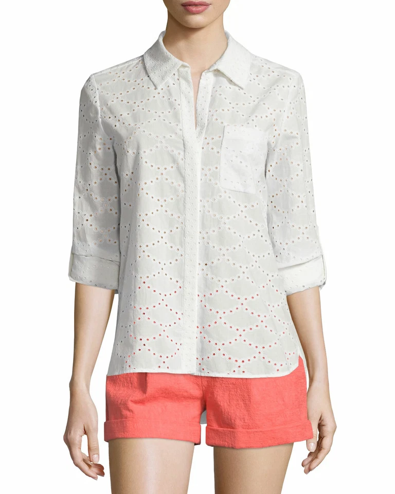 Blusa Top DIANE VON FURSTENBERG DVF Lorelei Dos Ojales Marfil Talla 4 Nueva con Etiquetas $268