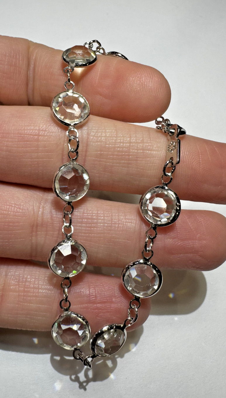 Brillante Facetado Cristal de Vidrio Bisel Set Color Plata 7" Vintage Pulsera