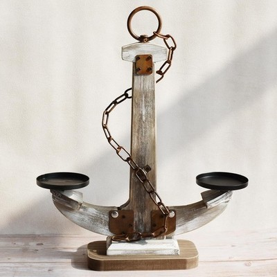 Wooden Anchor Candle Holder for 2 Candles，Rustic Candlestick Stand for Table C