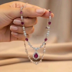 Authentic 20Ct Pear Cut Lab-Created Red Ruby Diamond Necklace 14K White Gold Plated