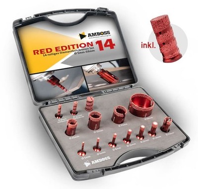 Amboss Red Edition 14 Diamant Bohrkronen Set Ø 5-68 mm / Vollfräser 8/10/20 mm