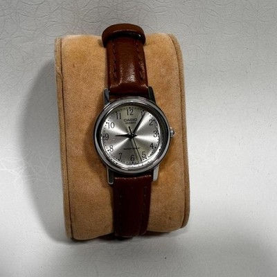 Vintage Casio LTP-1095 Mini Watch Silver Dial Brown Leather Women Untested