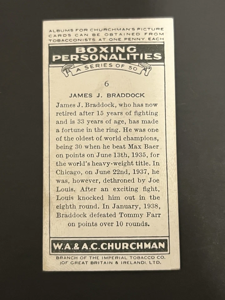 1938 Churchman's Cigarettes Boxing #6 JAMES BRADDOCK EX-EX+ - Image 2 of 2