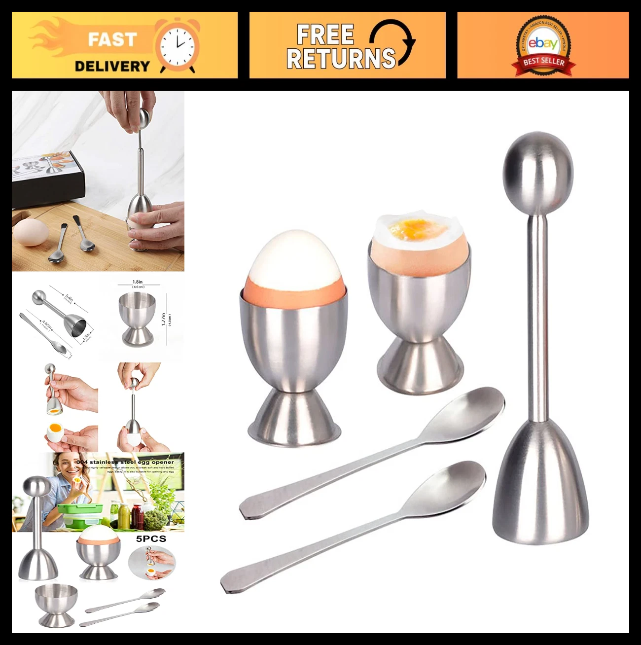 Egg Cracker Topper Set of 5 - Stainless Steel Egg Opener with Cups & Spoons
Opens in a new window or