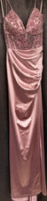 Pink Satin Beaded Ruched Sheer Long Gown with Lace-Up Back and Slit, Women