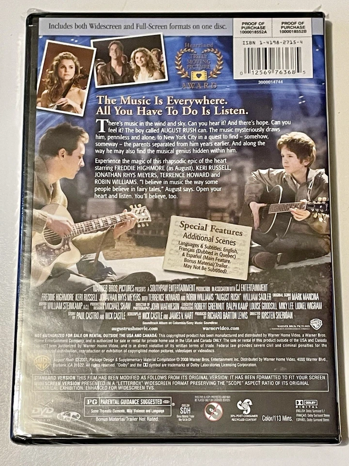 August Rush (DVD 2008 Widescreen +FS) PG Drama Music Jonathan Rhys Meyers NEW - Image 2 of 2