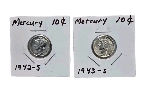 1942-1943 (S) Mercury Dime 2 Coin Lot, AU+, 90% Silver, Uncleaned/Original Pics