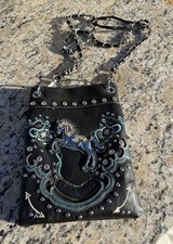 Women's Black Embroidered Rhinestoned Horse Rodeo Western Crossbody Bag Purse