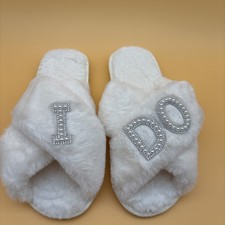 Wedding  I Do  Bride Slippers Size 40-41 Ivory Slip On Fluffy Wedding