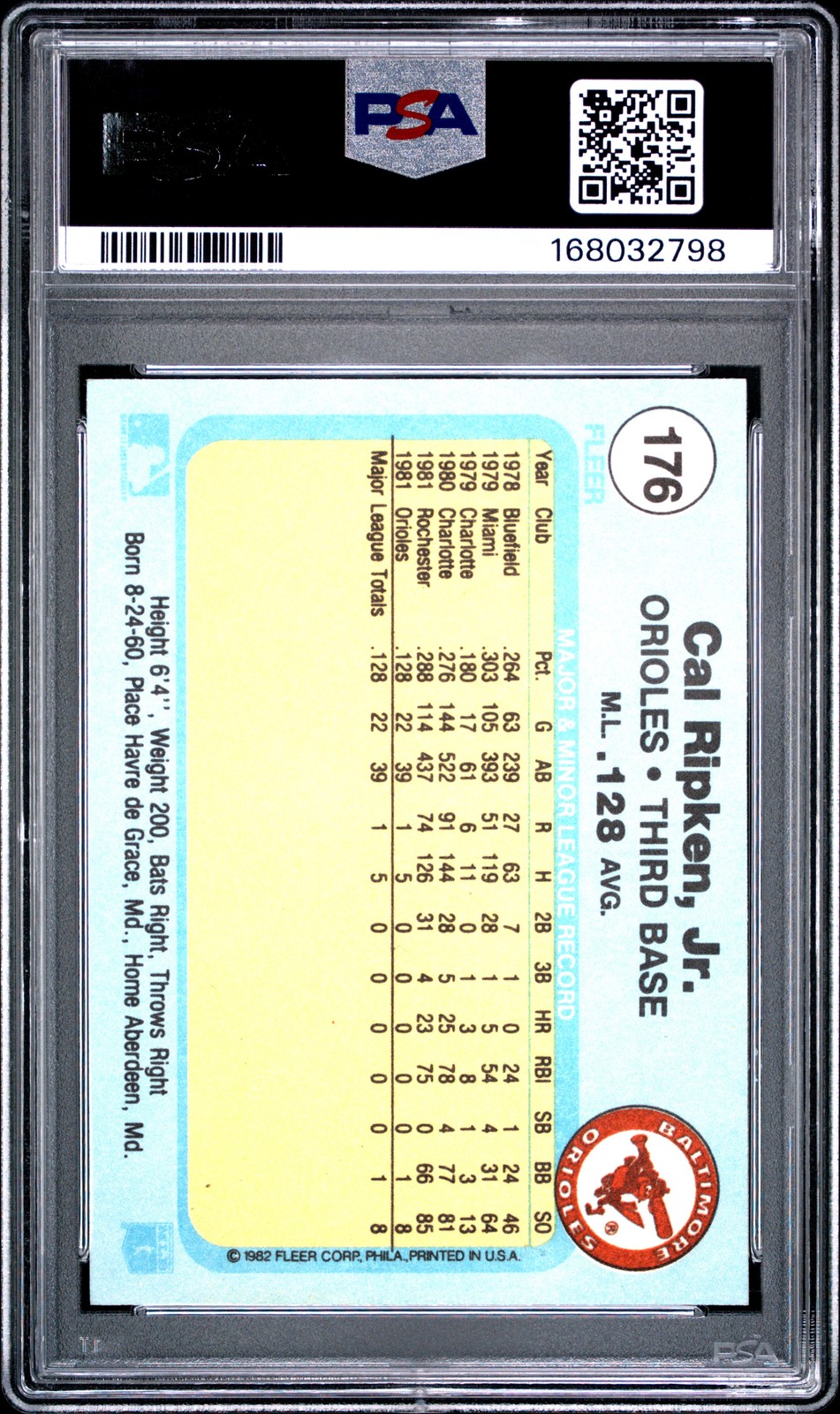 168032798 Cal Ripken Jr 1982 Fleer #176 Rookie RC PSA 9 view 2