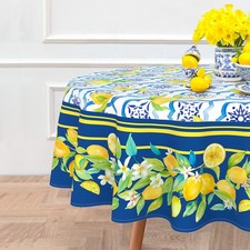 Lemon Round Tablecloth 60x60 Inch Waterproof Washable Spring Summer Blue