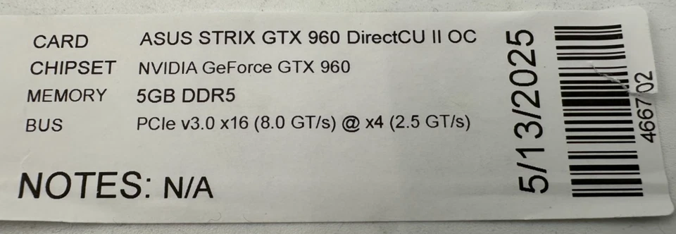ASUS GEFORCE STRIX GTX 960 VIDEO CARD 5GB RAM DDR5 (mcH03) - Image 2 of 4