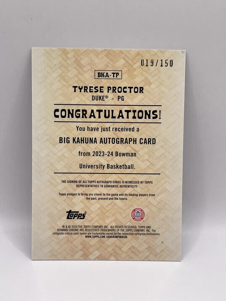 2023-24 Bowman U Chrome Tyrese Proctor Auto /150 BIG KAHUNA RC Case Hit 🔥 Duke - Image 2 of 2