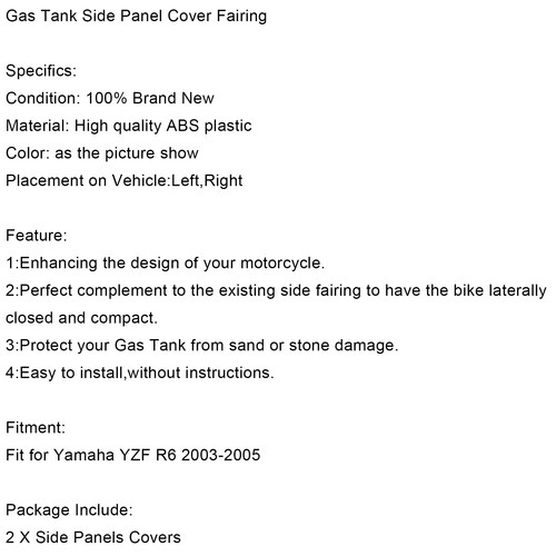Gas Tank Side Trim Cover Panel Fairing Cowl for Yamaha YZF R6 2003-2005 R6S 06 - Picture 9 of 11