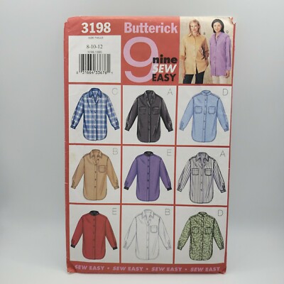 Butterick 3198 Misses 9 Easy  Button Up Shirts Sewing Pattern Size 8-10-12 Uncut