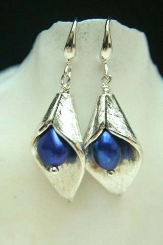 Arum Lily Flower Earrings Bright Blue Baroque Pearl Drop Dangle Tibetan Silver - Picture 2 of 6