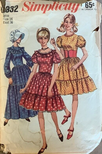 1966 Simplicity #6832 Rozmiar 16 Brakuje Sukienka w dwóch długościach, Maska Talia Cincher - Zdjęcie 1 z 2