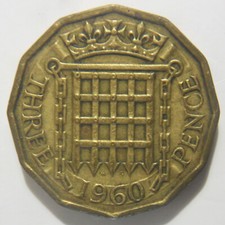 3d 1960 COIN THREEPENNY PIECE ELIZABETH II GREAT BRITAIN NICKEL-BRASS THREEPENCE