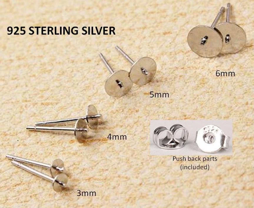 4 Pcs Sterling Silver 925 Flat Earring Posts StickOut Point Findings w/Push  Back