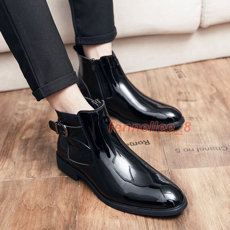 Men's Gradient Patent Leather Chelsea Boots - Side Zipper, Pointed Toe, Low Chunky Heel, Non-Slip For Business & Parties