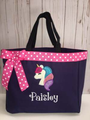 Personalized Kids Girl Tote Bag Monogrammed Unicorn Horse Rainbow