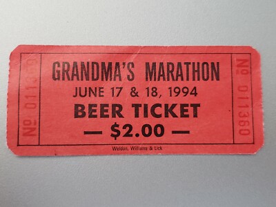 June 1994 GRANDMA'S MARATHON UNUSED Beer Ticket $2.00 Duluth, Minnesota