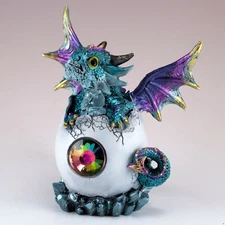 Blue Baby Dragon Hatching From Egg Figurine Hatchling With Jewel 5"H Resin New