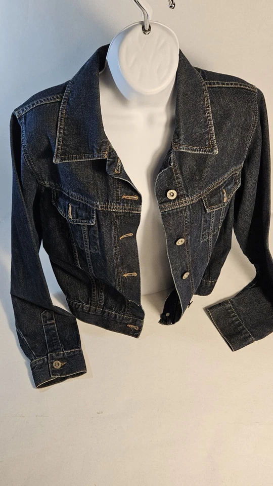 River Island Jeanswear Dark Blue Denim Jean Jacket Size Sm EUC - Image 3 of 4