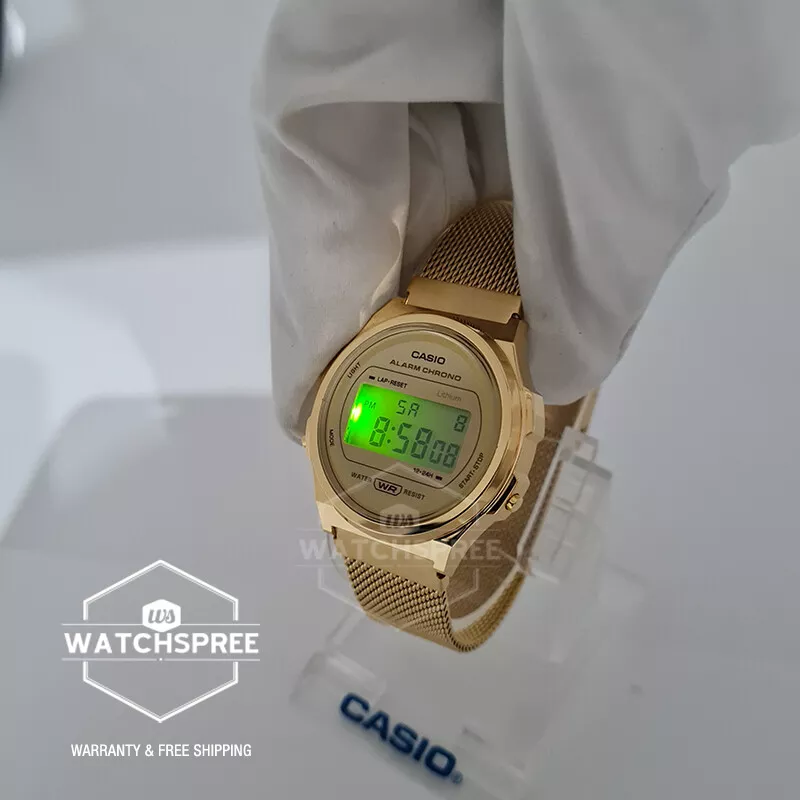 Casio Vintage Style Digital Gold Ion Plated Mesh Band A171WEMG 9A
