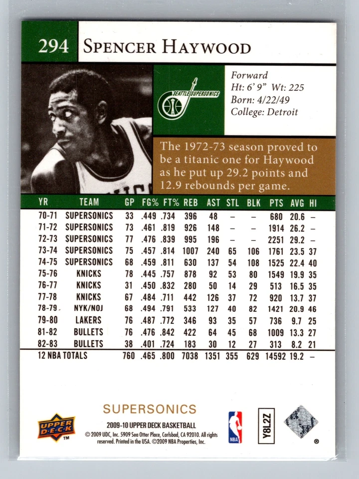 2009-10 Upper Deck #294 Spencer Haywood - Image 2 of 2