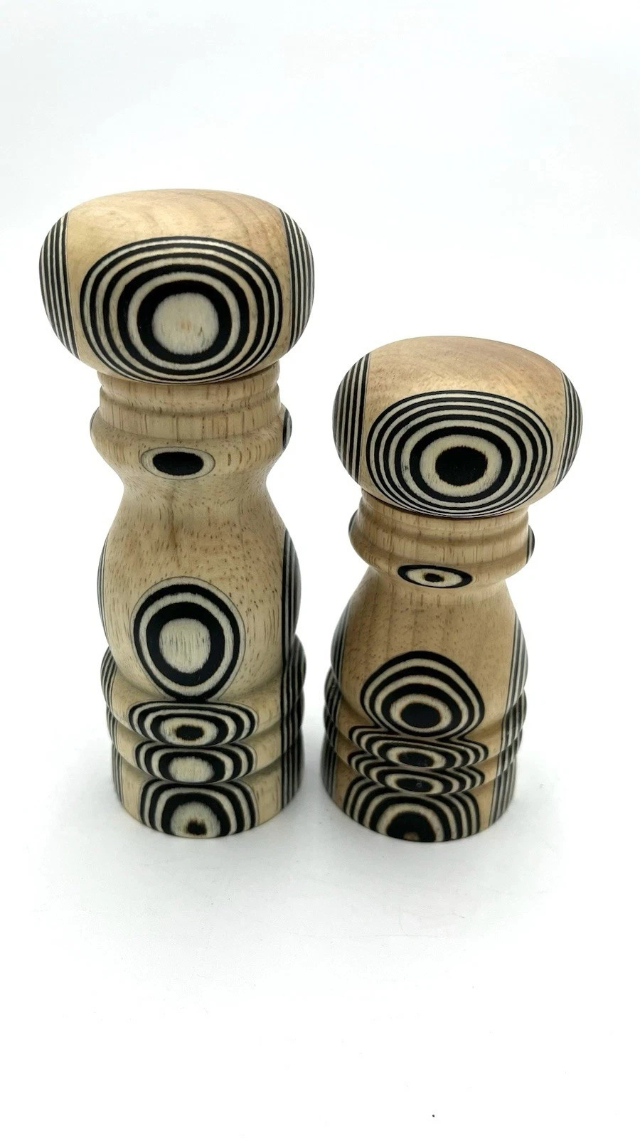 Artisan Laminated Wood Salt and Pepper Mill Set Bullseye Op Art Grinder Vintage