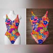 Vintage Westbound Beach One Piece Swimsuit 8 Bright Patchwork 80s 90s High Cut