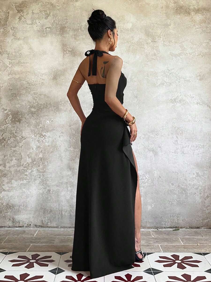 halter neck thigh split dress White Halter Neck Thigh Split Maxi Dress