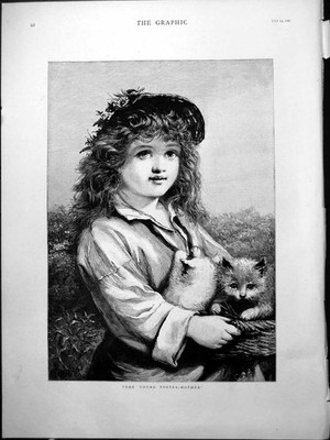 Alter Druck ?Die junge Pflegemutter ? Kinder Blumen Hut Korb Kätzchen 1884 19.