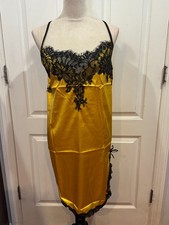 Women Lingerie Satin Nightgown Slip Yellow w/Black Lace Thin Sz 5XL 33"Lx25"W 