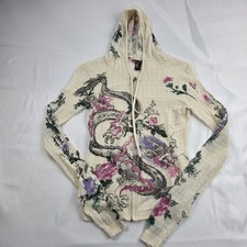 VTG Y2K Lucky Brand Sweater Hoodie Womens Small Multicolor Floral Dragon Knit