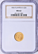 1856 Indian Princess Gold Dollar Slanted 5 NGC MS-62