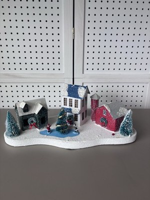 Rare Cardboard Light-up Putz House Village, Xmas Trees, Cow Barn Animals Gemmy