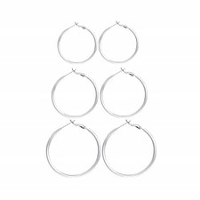 3 Pairs Sterling Silver Hoop Earrings, 14K White Gold A:Silver 40mm 50mm 60mm