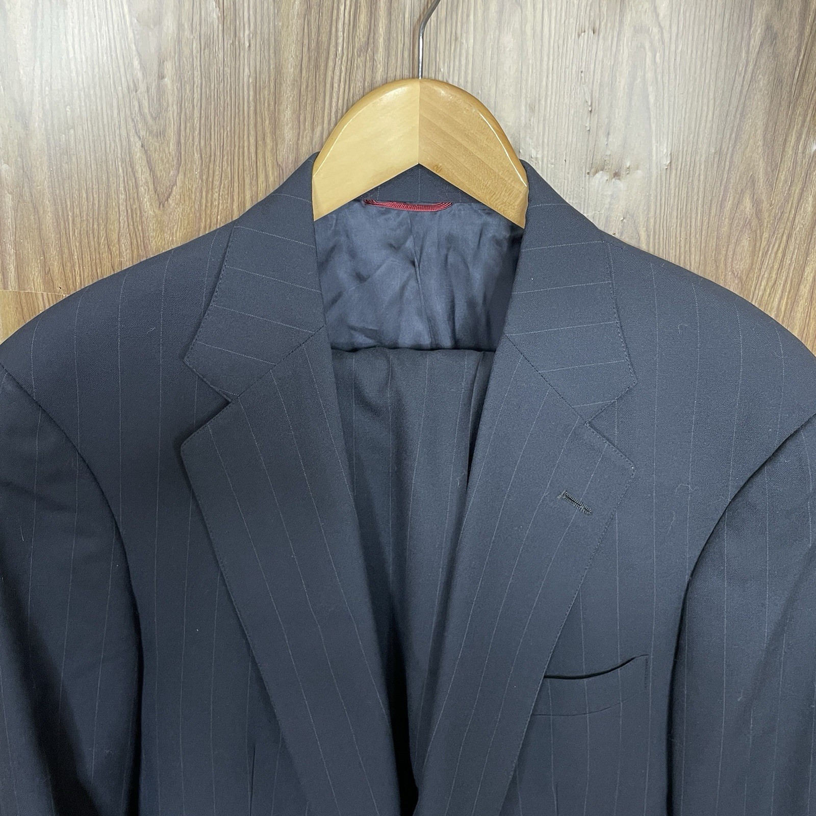 Jos A Bank 2 Piece Suit Mens 42L 38x32 Black Gray Striped Wool Vintage USA Made