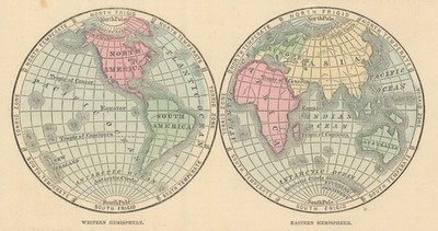 Welt. Westliche Hemisphäre & Östliche Hemisphäre. JOHNSON 1866 alte antike Landkarte